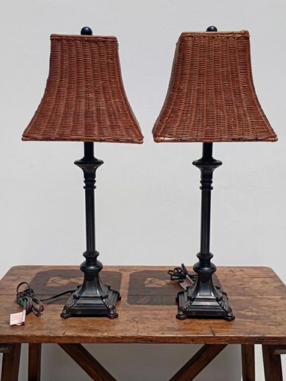 Pair 30" Vintage Buffet Lamps Woven Rattan Shades Bronze Finish French Country